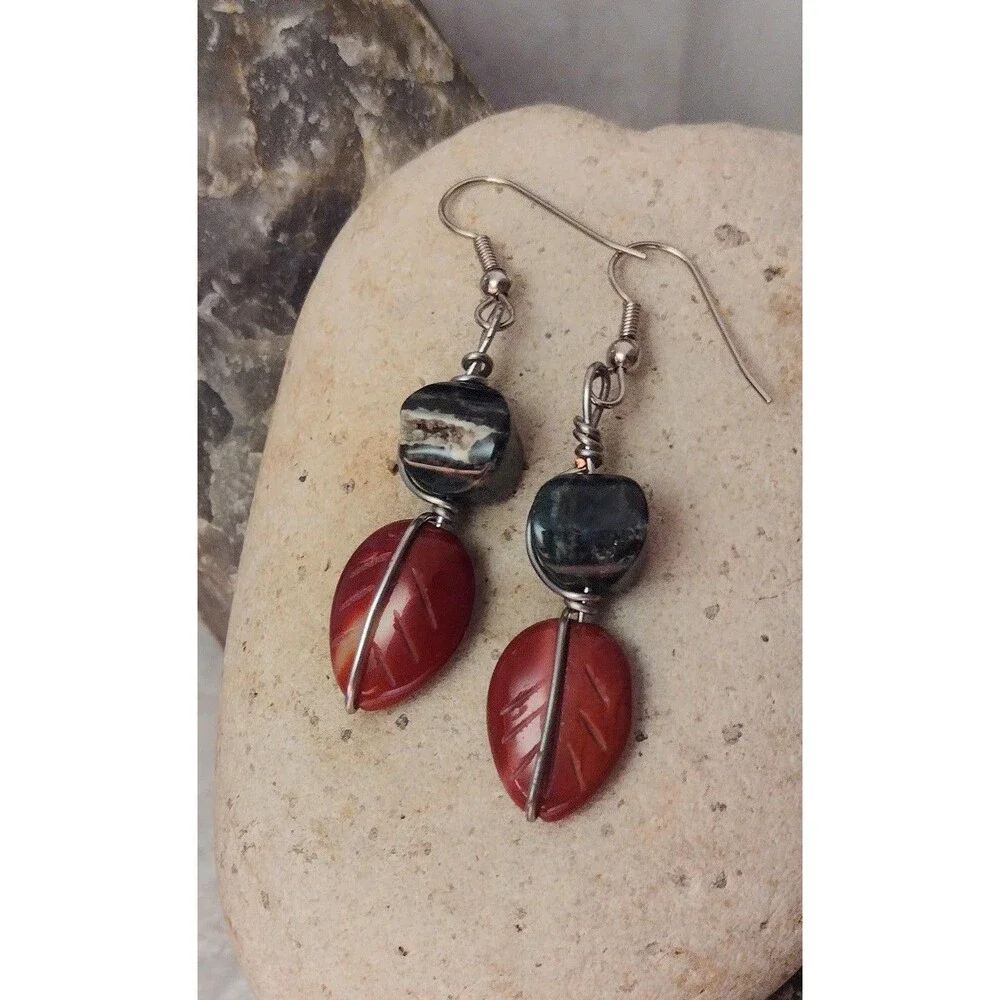 Carved Jasper Leaf Stone Geode Dangle Earrings